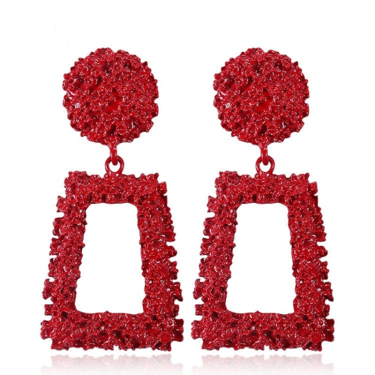 Red geometric trapezoid long dangle earrings with textured round tops and cutout frame