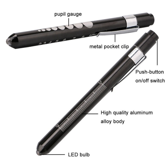 Black mini LED penlight torch with pocket clip, push-button switch, and ruler markings