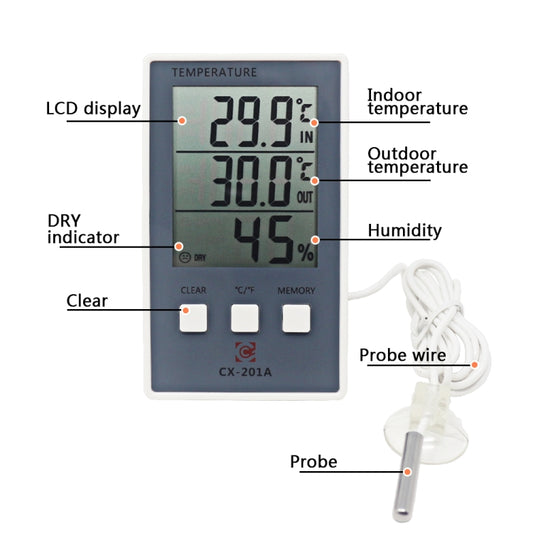 Indoor/outdoor temperature and humidity LCD meter with wired temperature probe