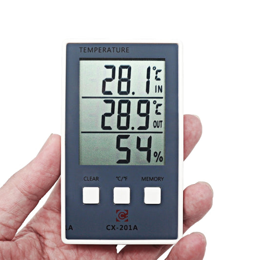 LCD indoor/outdoor thermometer hygrometer, dark blue display on handheld unit with buttons