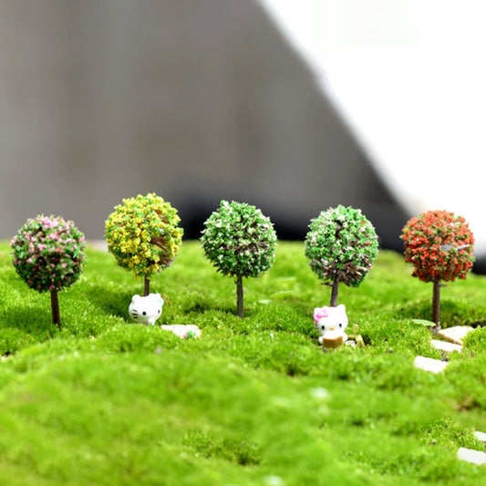 Mini artificial trees with round mixed-color foliage on brown trunks (set)