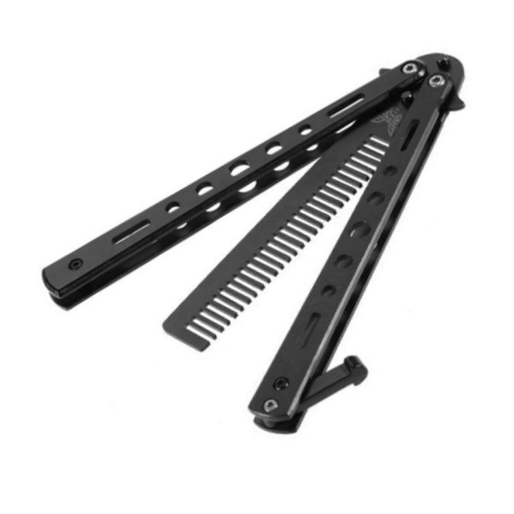 Black stainless practice butterfly comb with comb teeth and folding hinge
