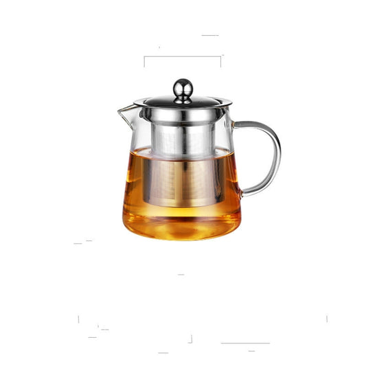 Glass teapot with stainless steel lid, filter, and handle; amber tea visible
