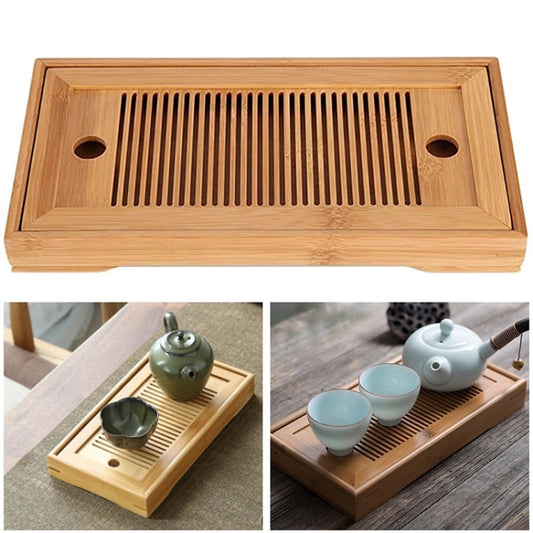 Bamboo tea tray with central slatted drain grate and two round side holes