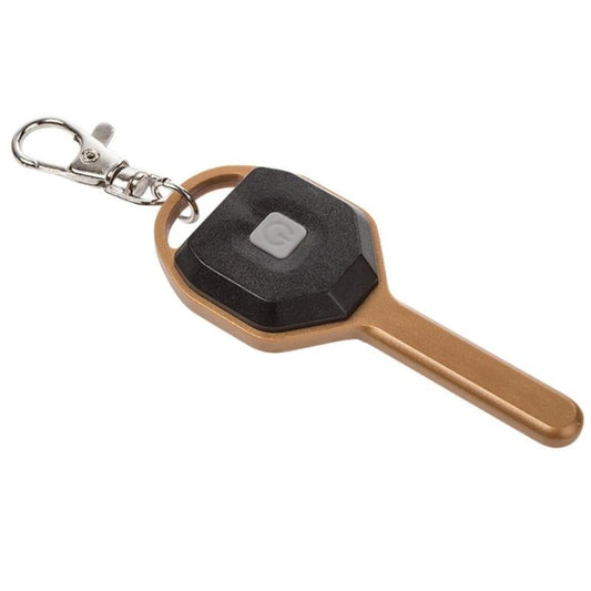 Mini pocket keychain flashlight with black hex button panel and bronze handle, metal keyring