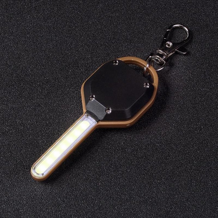 Mini pocket LED keychain flashlight with black top, bronze body, metal keyring loop