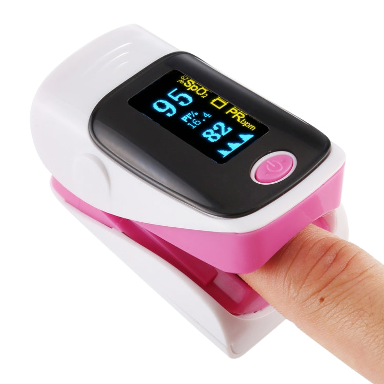 Finger pulse oximeter with digital display and pink strap, finger inserted