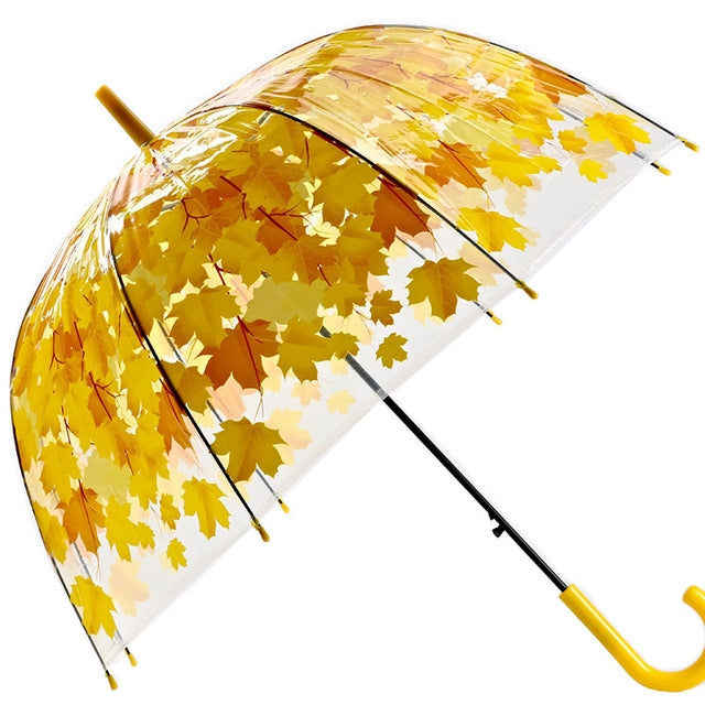 Transparent leaf umbrella with yellow and white canopy, straight rod, yellow handle
