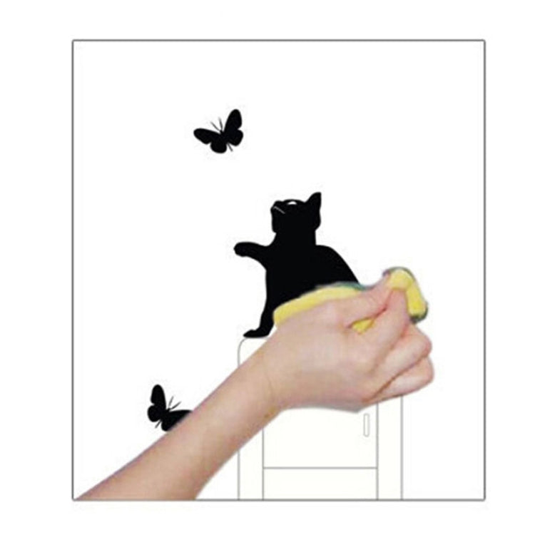 Cat and butterfly wall switch sticker applied to a white switch with butterflies and black cat