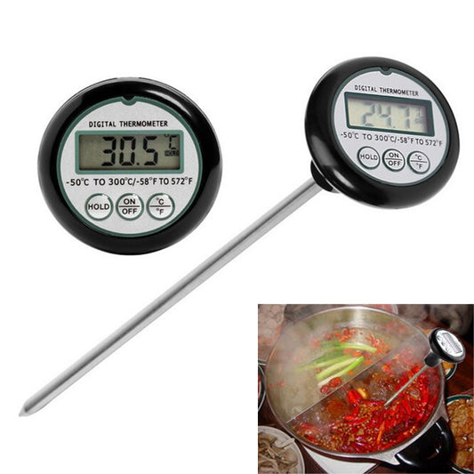 Digital meat probe thermometer with round LCD screen and long stainless probe