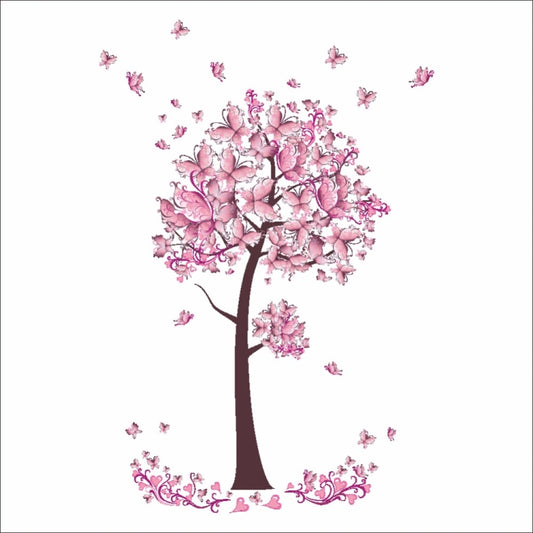 Pink blossom tree wall sticker with butterfly motifs and ornate flower branches