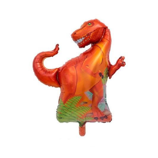 Red and orange T. rex foil balloon dinosaur with green belly accents