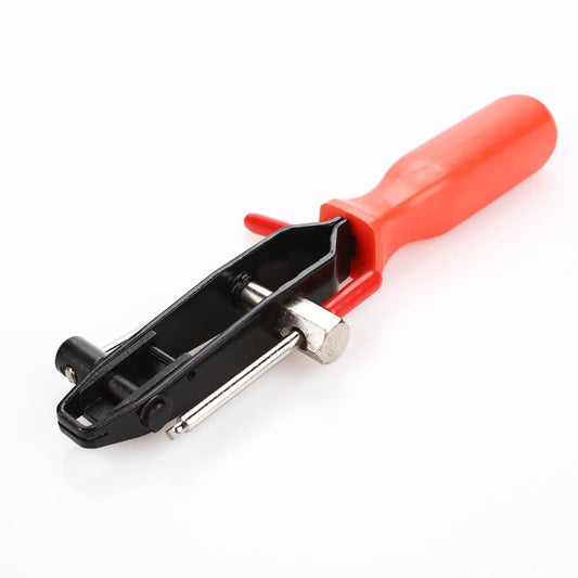 Hose clamp pliers tool with red handle and black base with metal rod
