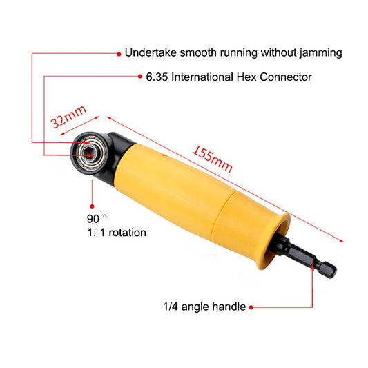 Yellow 90-degree screwdriver bit tool with black 6.35 mm hex connector