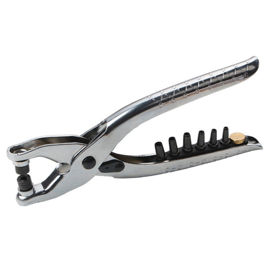 Metal rivet pliers with black interchangeable die heads for eyelets, chrome finish