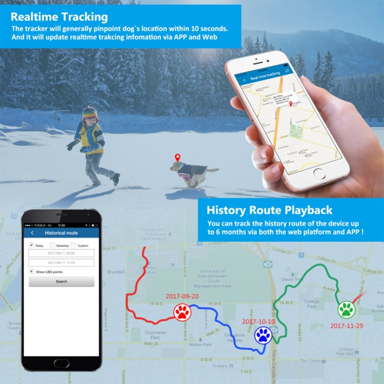 Realtime tracking and history route playback graphic with phone map mockups
