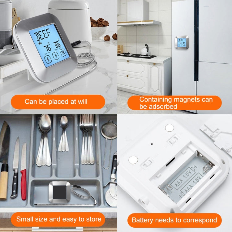 Kitchen-ready cooking thermometer with touch-screen display, probe, and compact storage items