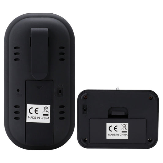 Back view of black digital wireless food thermometer with stand and probe connection ports