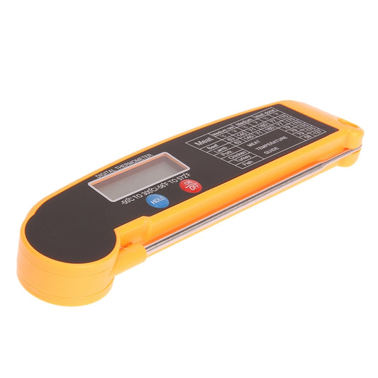 Yellow digital meat thermometer with LCD display and black keypad panel