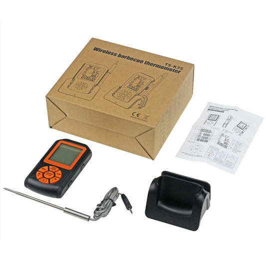 Wireless BBQ thermometer kit: handheld unit, stainless probe, cables, charging cradle, manual