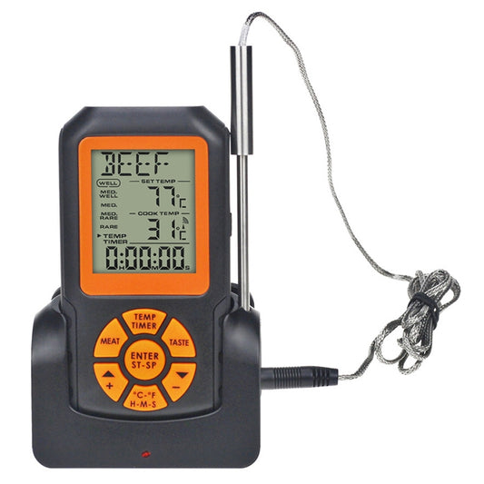 Digital wireless BBQ food thermometer with LCD display, stainless probe, black/orange