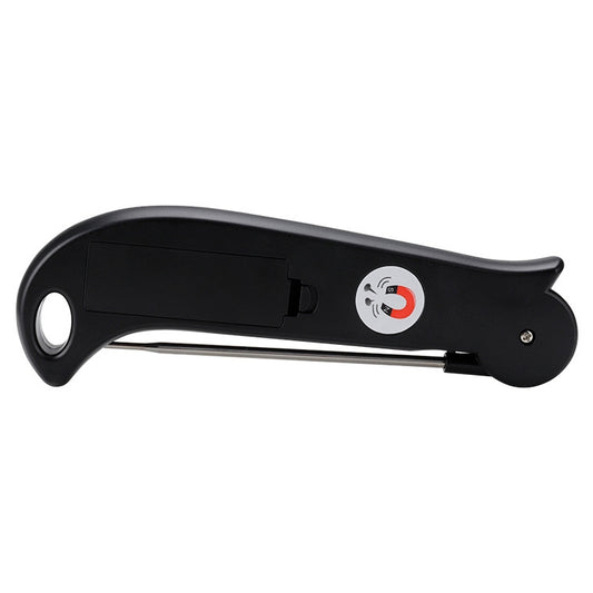 Black foldable probe thermometer with circular hanging hole and probe storage pocket