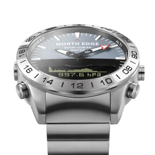 Dive watch with silver case, dark dial, and digital hPa pressure and altitude markers