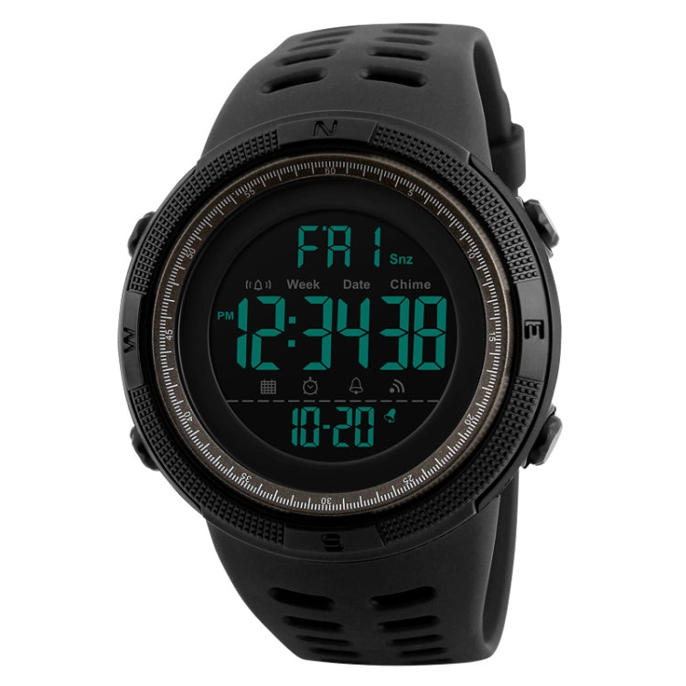 Men's digital sports watch with black PU band and green backlit numeric display