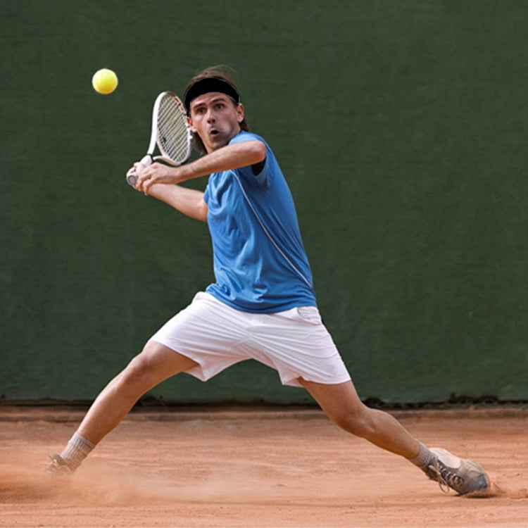 Black headband sweatband worn by athlete during a tennis swing