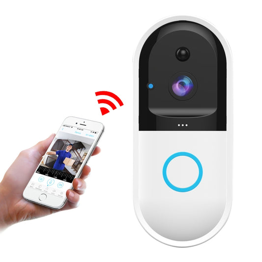 Smart WiFi video doorbell with black camera panel, lens, and blue doorbell button ring