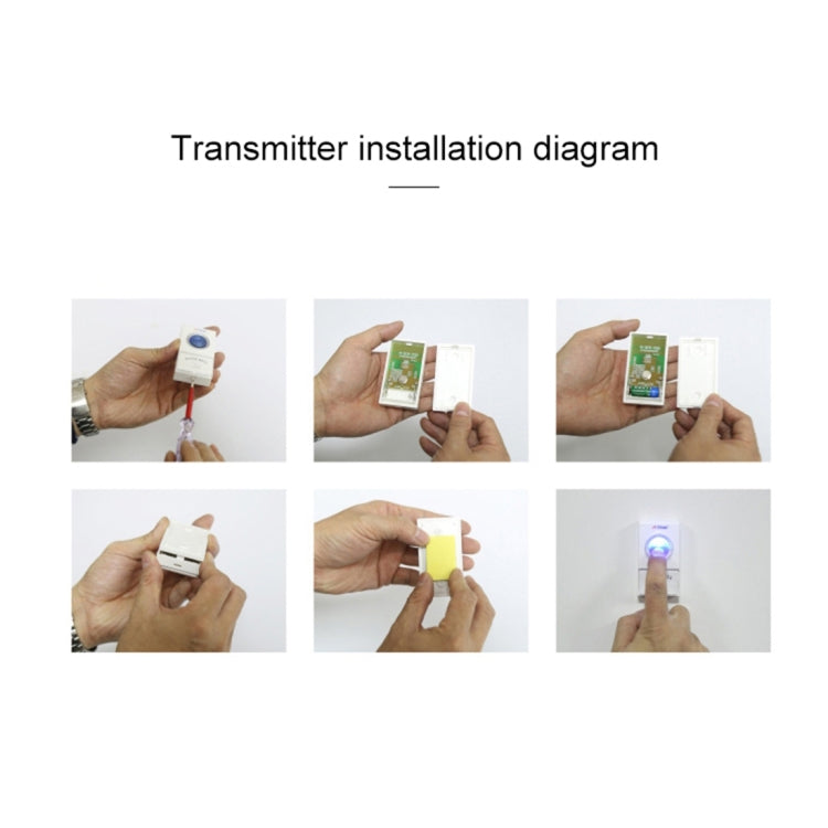 Wireless music doorbell transmitter installation diagram, hands mounting button and chime