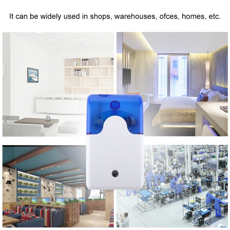 Mini strobe siren alarm system centered on promotional collage, blue and white siren unit
