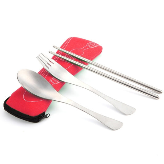 Red three-piece outdoor cutlery set with spoon, fork, knife and storage pouch