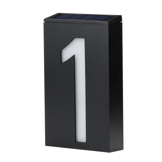 Black solar wall mount house number lamp with backlit numeral 1, 6 LEDs