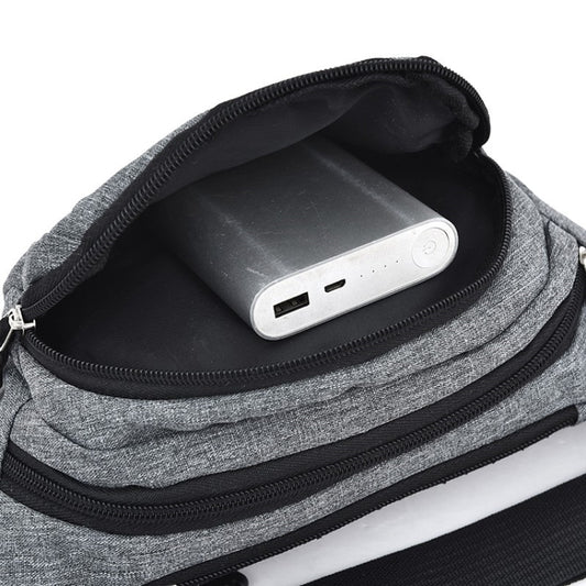 Waterproof chest bag open view with interior pocket for small devices, dark exterior