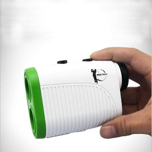 White-and-green handheld golf laser distance meter held in hand, dual eyepieces