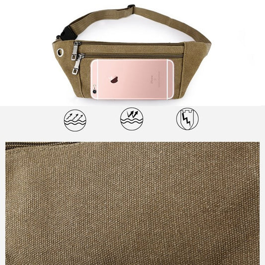 Khaki canvas waist bag with front zip pocket and phone sleeve, adjustable strap