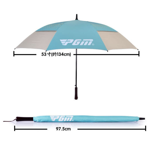 Blue 53-inch golf umbrella with beige panels; folded cover and strap included
