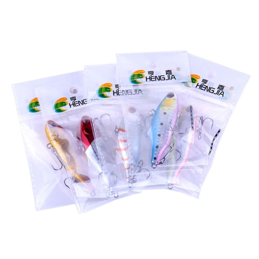 Bagged hard plastic fishing lure set with mixed colors, each in a clear pack
