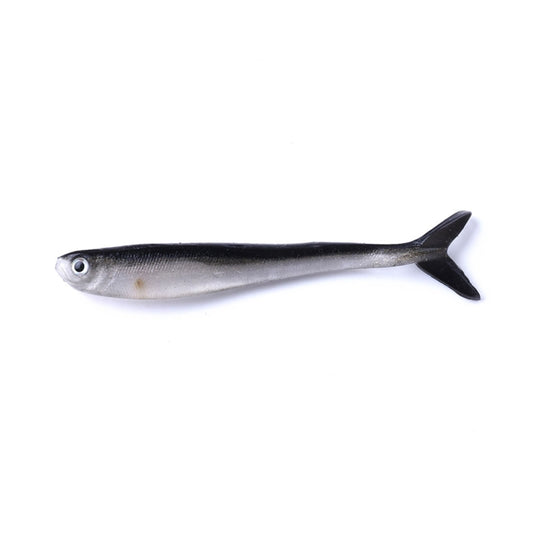 Dark gray soft swimbait lure with silver underside and forked tail, side view