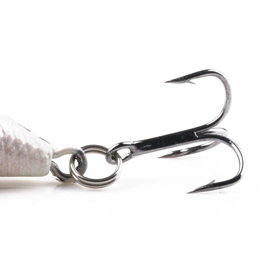 Fishing hard bait lure, metal split ring and two treble hooks