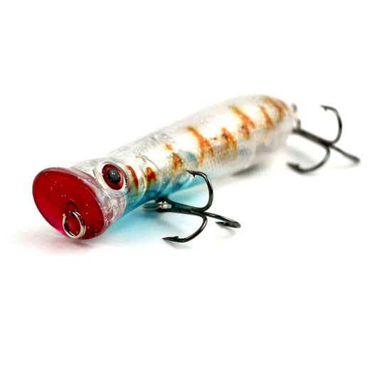 Clear silver hard fishing lure with red head, orange-brown pattern, two treble hooks