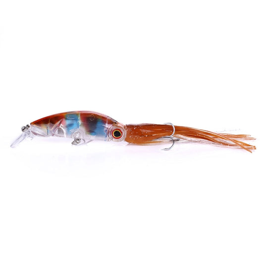 Octopus-shaped hard fishing lure, orange with blue belly, clear front body