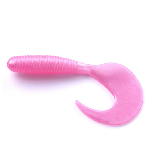Single pink soft plastic fishing lure worm with curled tail