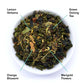 Bowl of loose green oolong tea leaves with lemon verbena, orange blossom, and marigold flowers