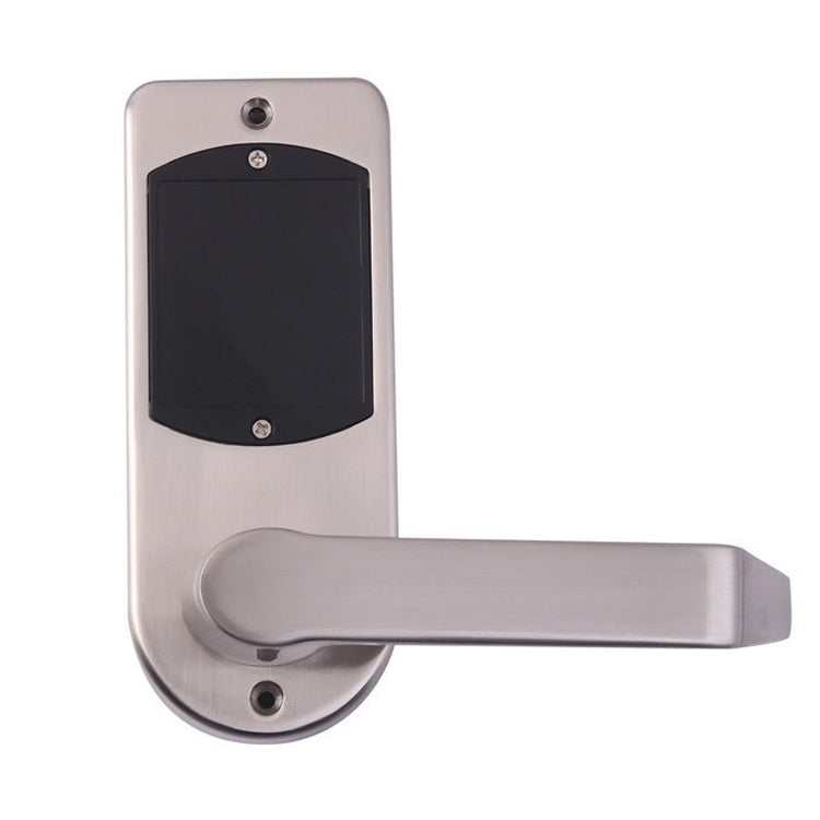 Electronic door lock with glossy dark touch panel and lever handle, brushed silver