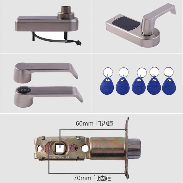 Electronic door lock with handle, matching key fobs, and wiring cable, silver