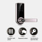 Electronic door lock with numeric touchscreen keypad and lever handle, silver frame