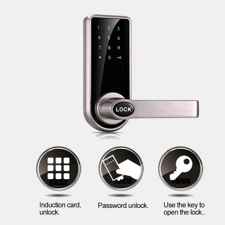 Electronic door lock with numeric touchscreen keypad and lever handle, silver frame