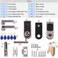 Electronic door lock parts kit with keys, key card, and mounting hardware, silver